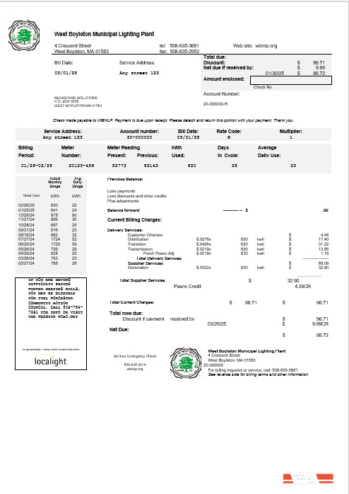 USA West Boylston business utility bill template in Word and PDF formats